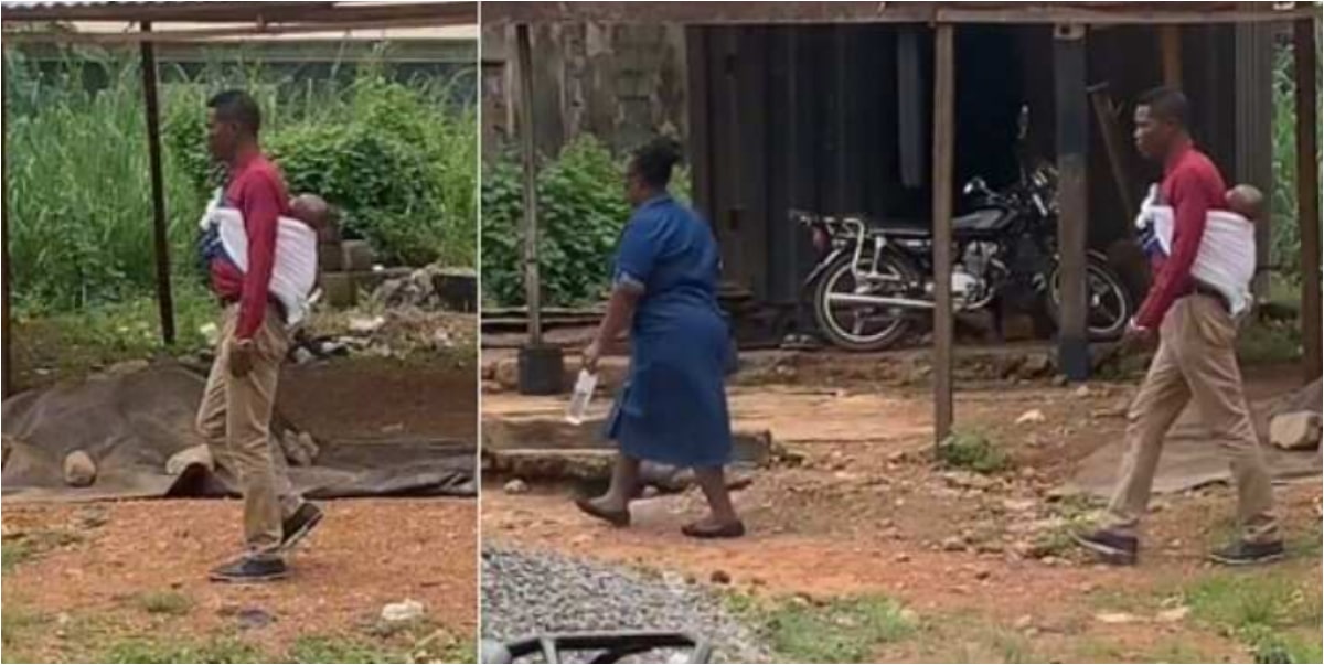 Nigerian man causes a stir as he carries his baby on his back while walking with wife on the road