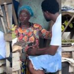 Elderly Woman Tears Bananas Oranges Stranger