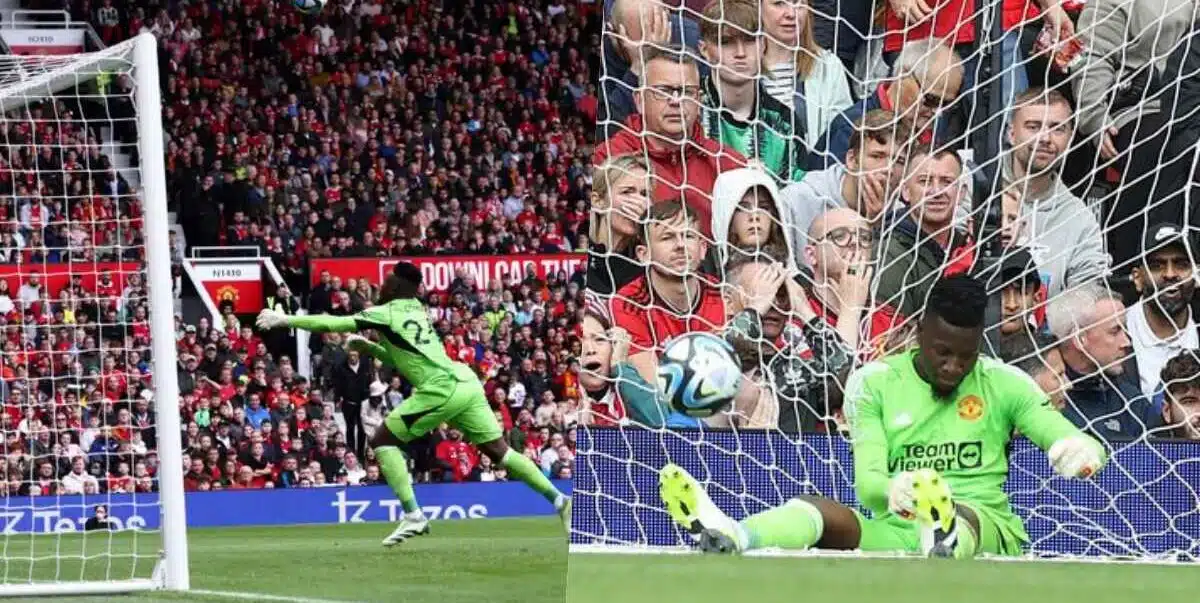 Andre Onana reacts after being scored from halfway line on Old Trafford debut