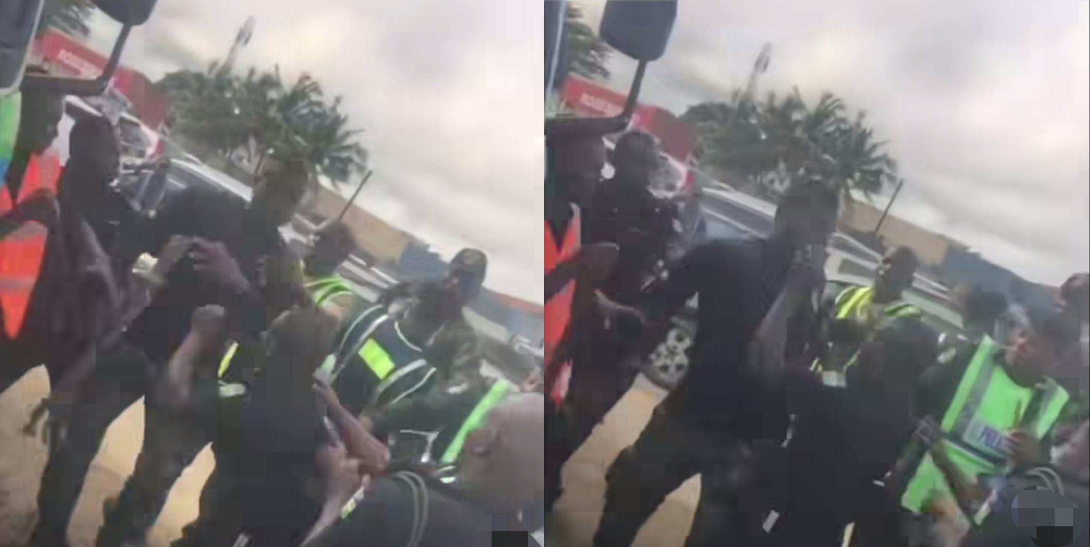 “He knack am gun for head” – Reactions as tall soldier and short policeman fight dirty in public (Video)