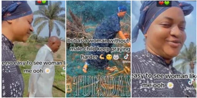 "Na boys I born no be girls" - Woman brags as her father-in-law takes her to see husband's lands in village (Video)