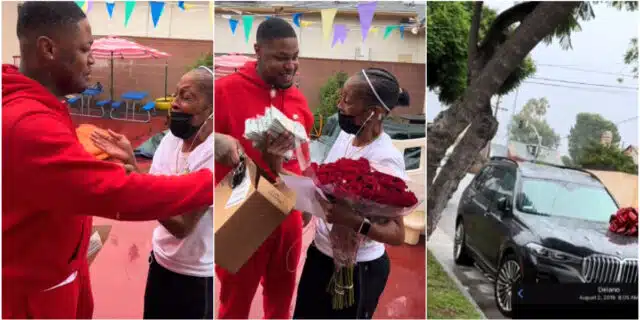 Mother shocked, sheds tears of joy as son returns home after 8 years, surprises her with car and wad of cash 