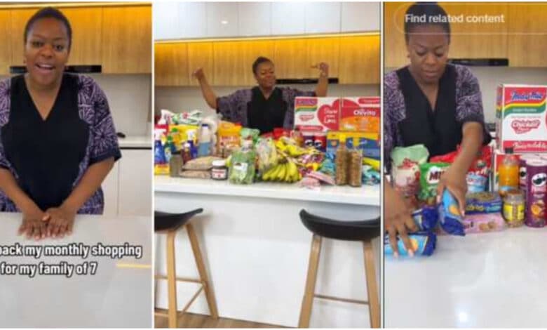 "Let the poor breathe" - Nigerian lady causes a stir as she displays massive monthly foodstuffs for her family of 7 (Video)