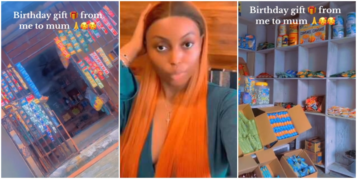 Nigerian lady melts hearts as she gifts her mother a mini supermarket on her birthday (Video)