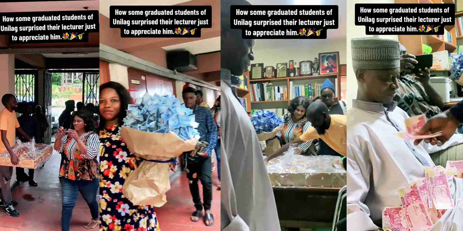 Graduated UNILAG students storm their lecturer’s office with surprise gifts just to appreciate him [Video]