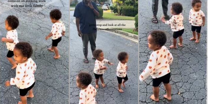 Adorable triplets spotted on street, taking evening walk with their