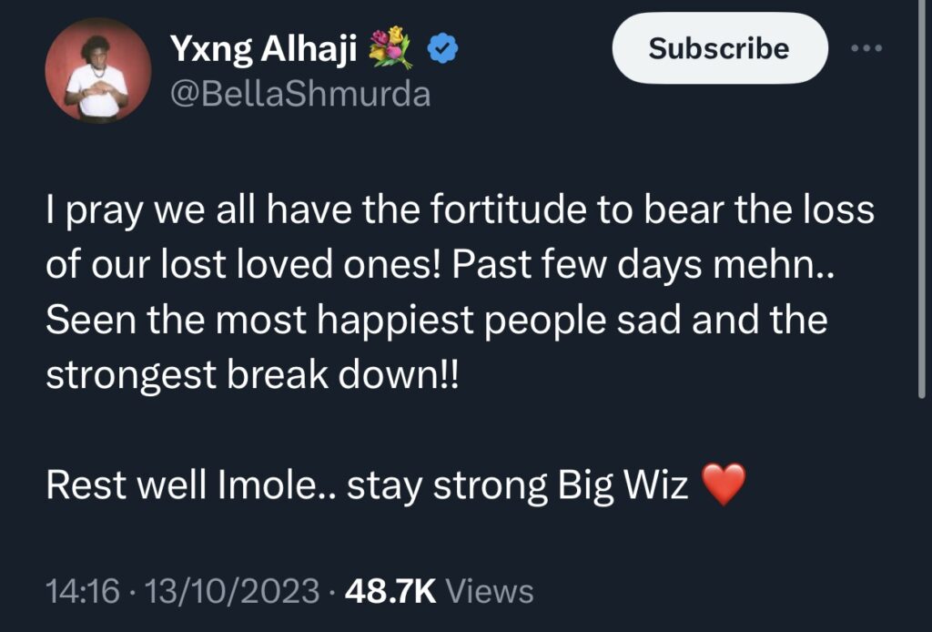 Bella Shmurda sends condolence message to Wizkid 