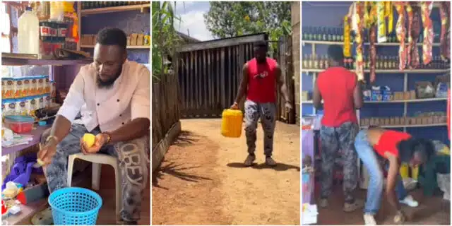 Lady over the moon as boyfriend visits her at shop, fetches water, cooks for her