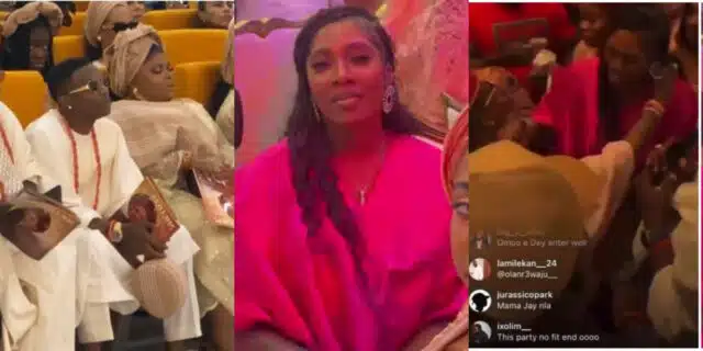 "That love still dey" - Tiwa Savage, Wizkid stirs reaction with soothing hug at his mum’s funeral party