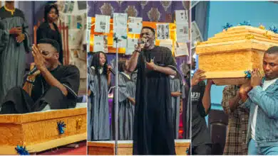 Drama as gospel singer arrives on stage in coffin to perform