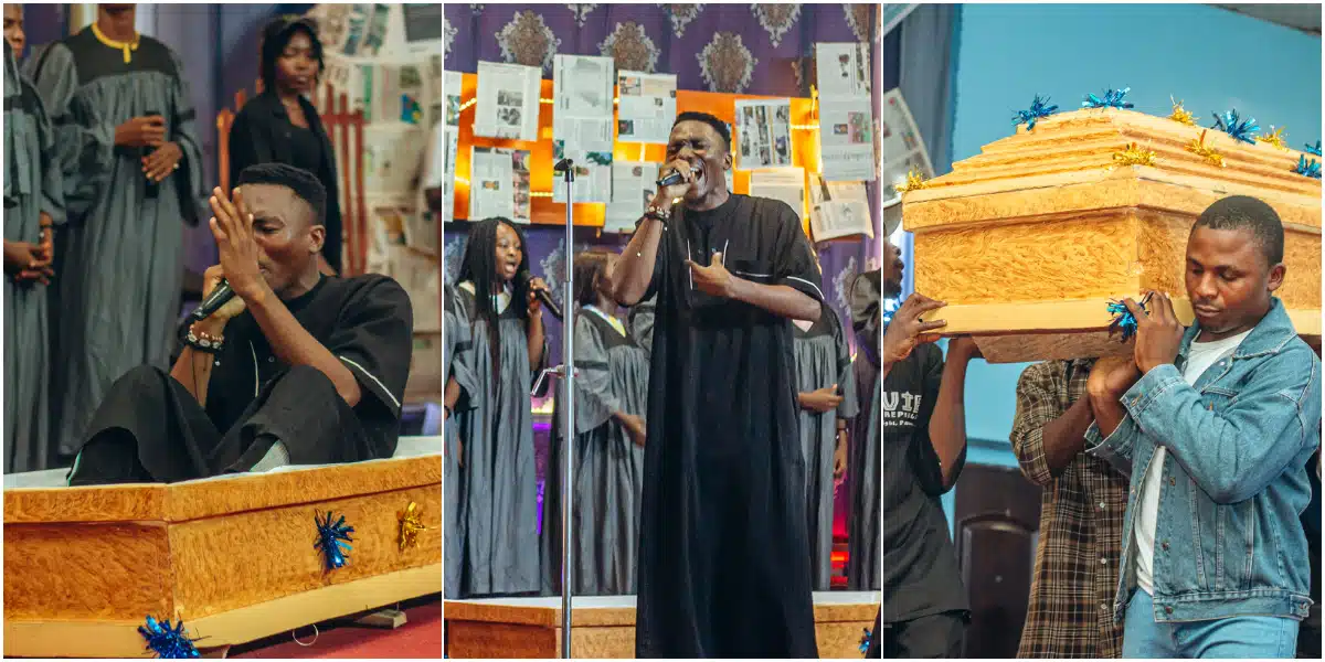 Drama as gospel singer arrives on stage in coffin to perform