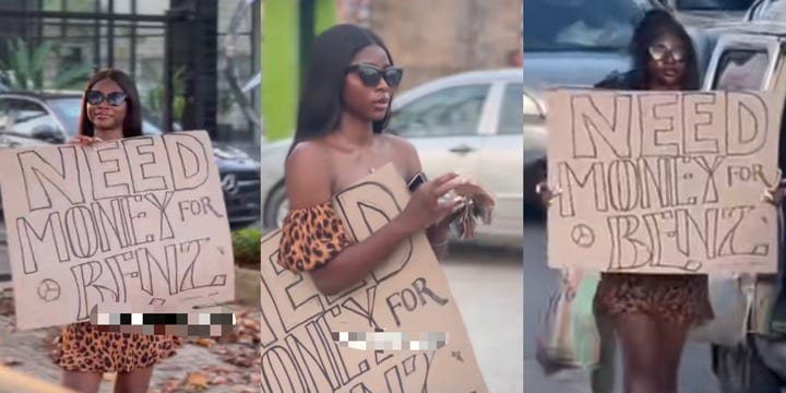 “Need money for Benz” – Nigerian lady storms street with placard, begs for money to buy a brand new Benz