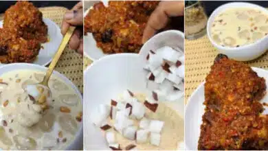 "Garri pepper soup" - Lady prepares garri with milk, and coconut, enjoys with full chicken