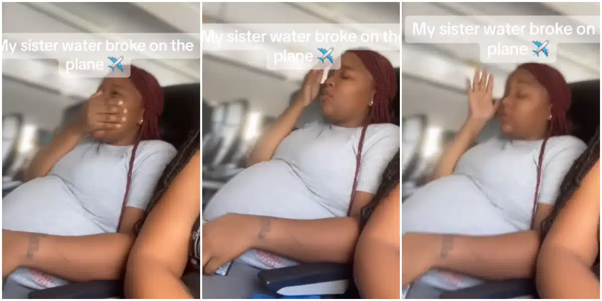 Moment pregnant woman water breaks on Aeroplane