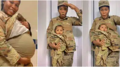 Female soldier causes buzz as she gives birth, wraps her baby in military camouflage