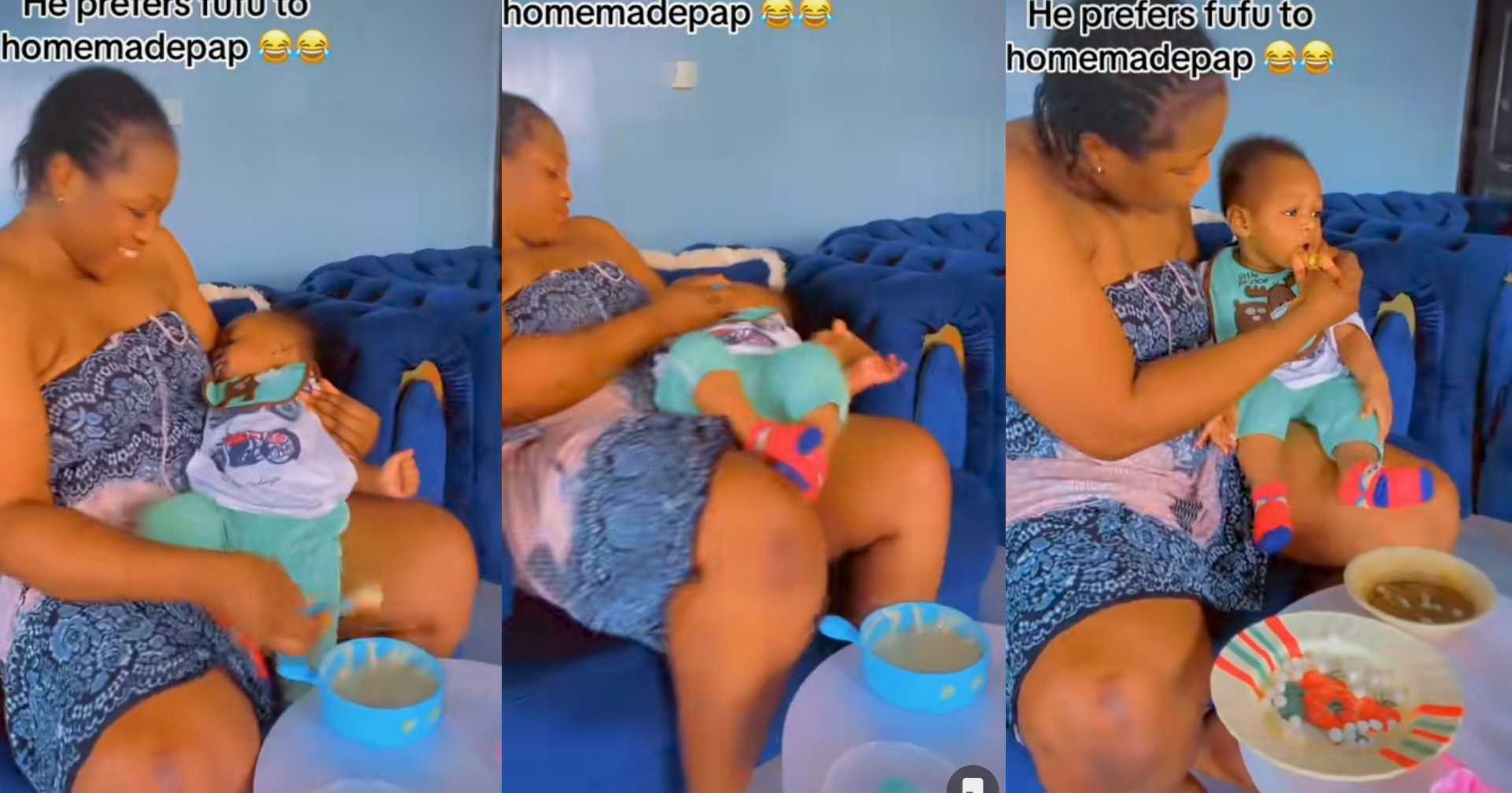 “Country situation no need light food” – Reactions as little baby rejects pap, eats Fufu