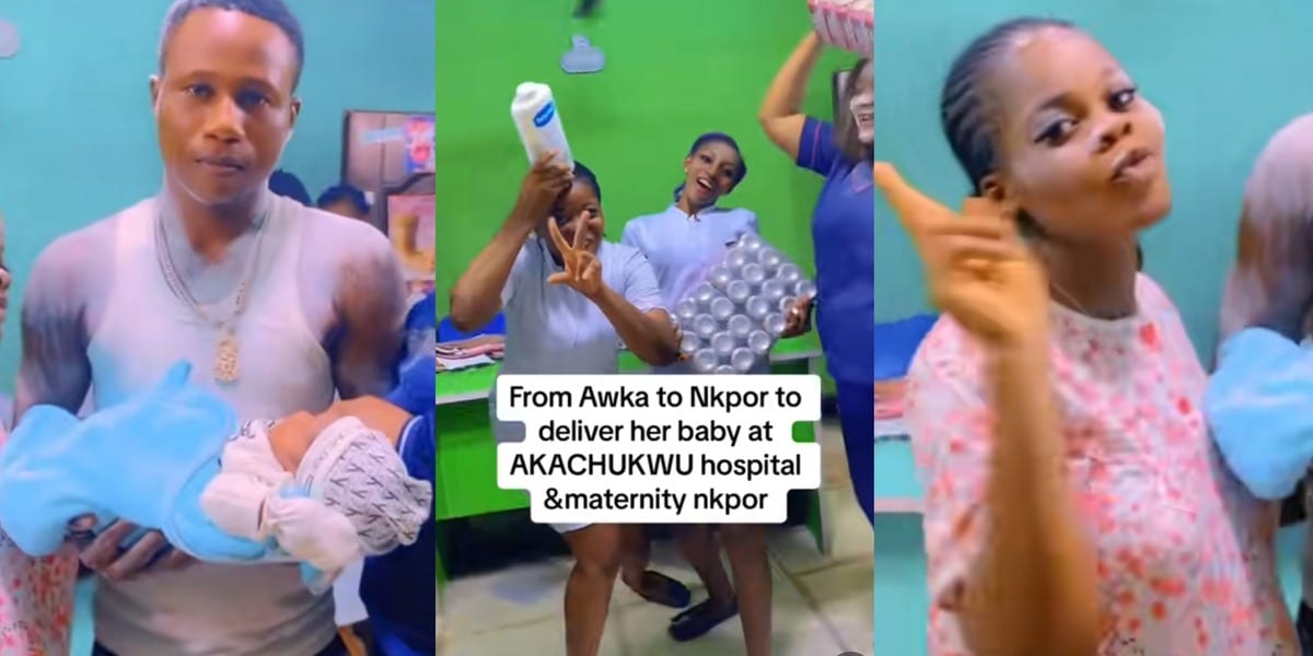 Overjoyed husband, wife bathe in powder, shows off dance moves in hospital as they celebrate arrival of new baby