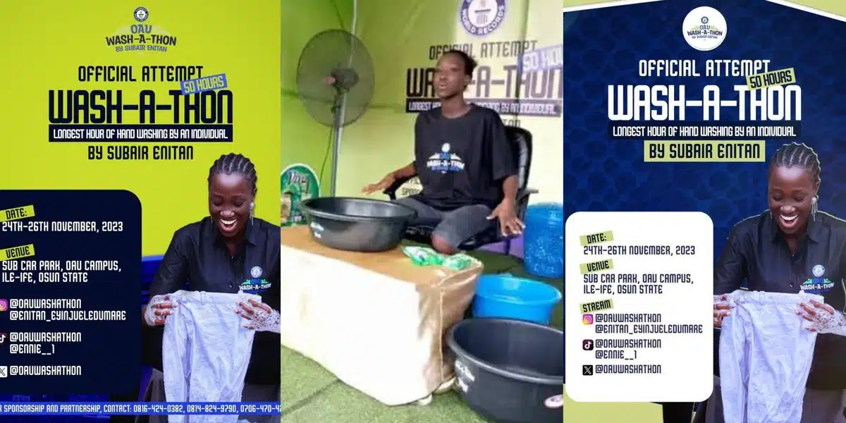 OAU 200-level student, Subair Enitan embarks on 50-hour wash-a-thon to break Guinness World Record