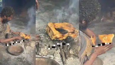 "Things dey occur o" - Heartbreaking video of a homeless man cooking bread using firewood and stones causes stir