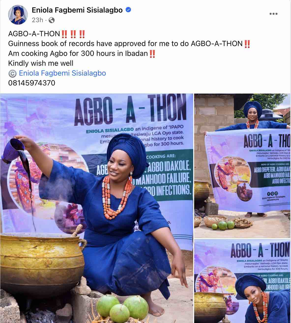 Agbo-A-Thon: Nigerian lady set to cook herbs for 300-hours to set world record