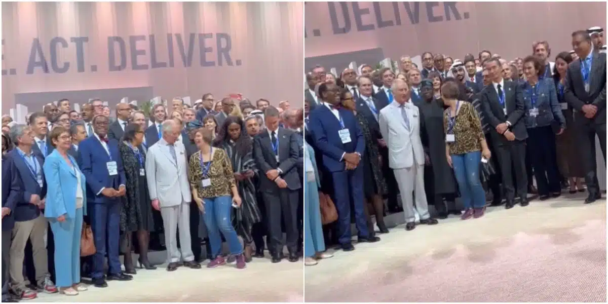 Moment Oyinbo woman tries to block President Tinubu during a group photograph with dignitaries at COPE28 summit