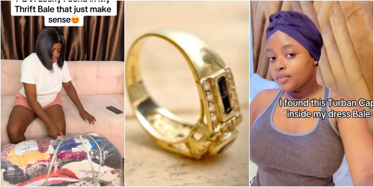 Lady stuns many as she shows expensive gold ring she found in bale of Okirika clothes