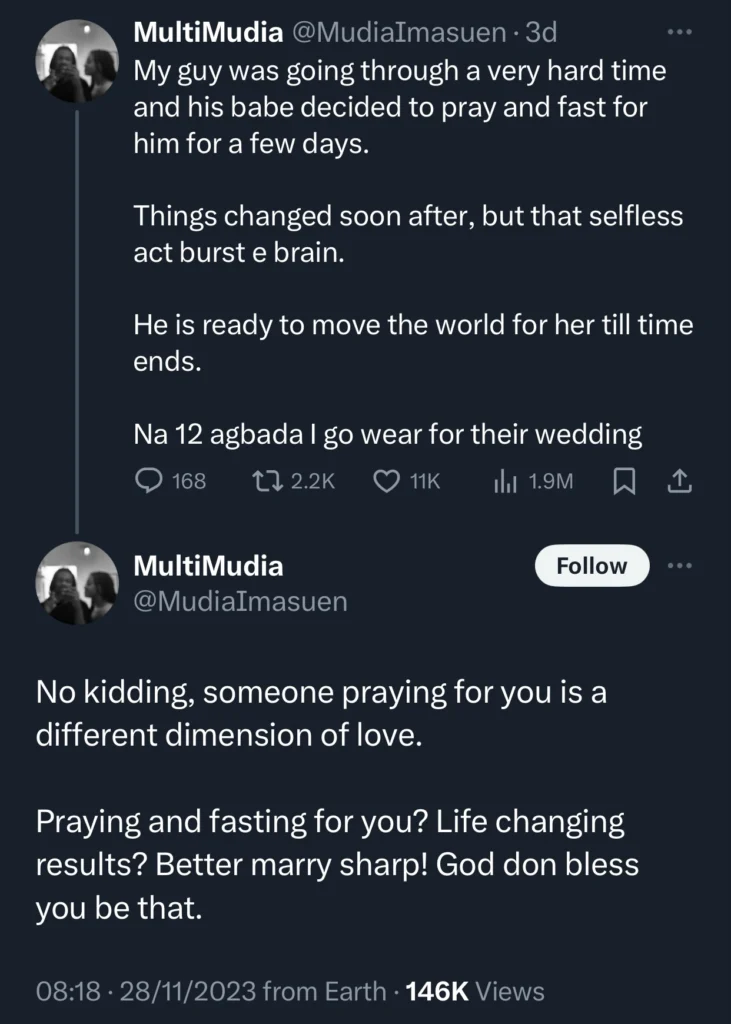 Man shares how his friend made decision to marry girlfriend after she fasted and prayed for him during his hard times 