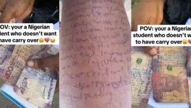 "They call me shalipCOPY" - Student afraid of carry-over inscribes details on arm, ₦100 naira notes to cheat in exams