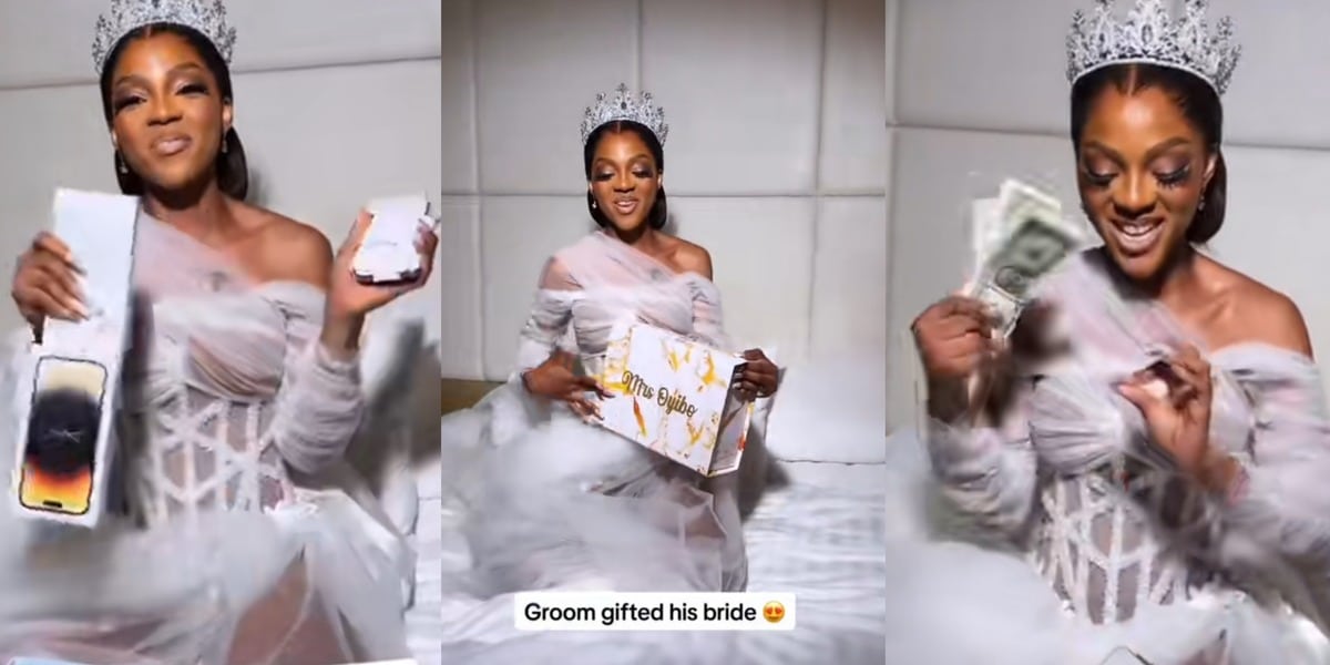 “Am I a spoon?” – Beautiful bride sparks jealousy as she gets iPhone 15 Pro Max, wad of dollars as gifts on wedding day