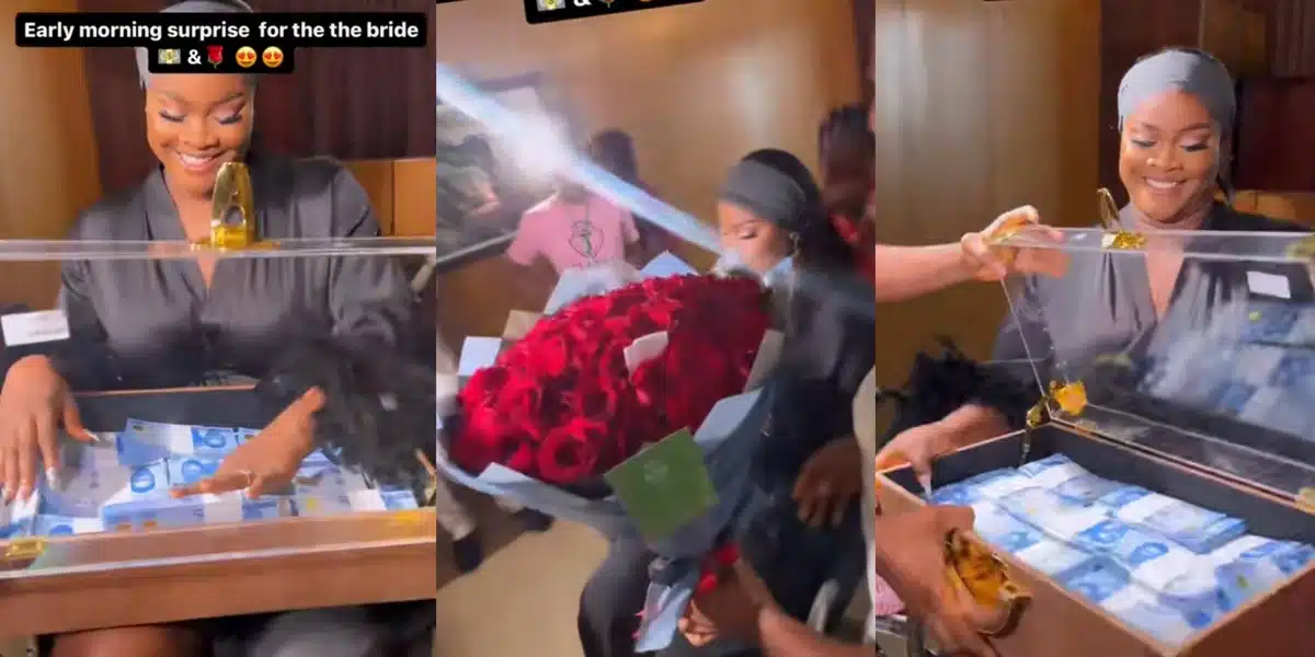 "Love is sweet" - Beautiful bride smiles as husband-to-be surprises her with briefcase filled with money on wedding day