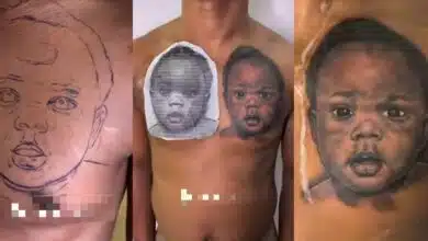 "You don do DNA?" - Nigerian dad raises eyebrows online as he inks handsome child's face onto his chest