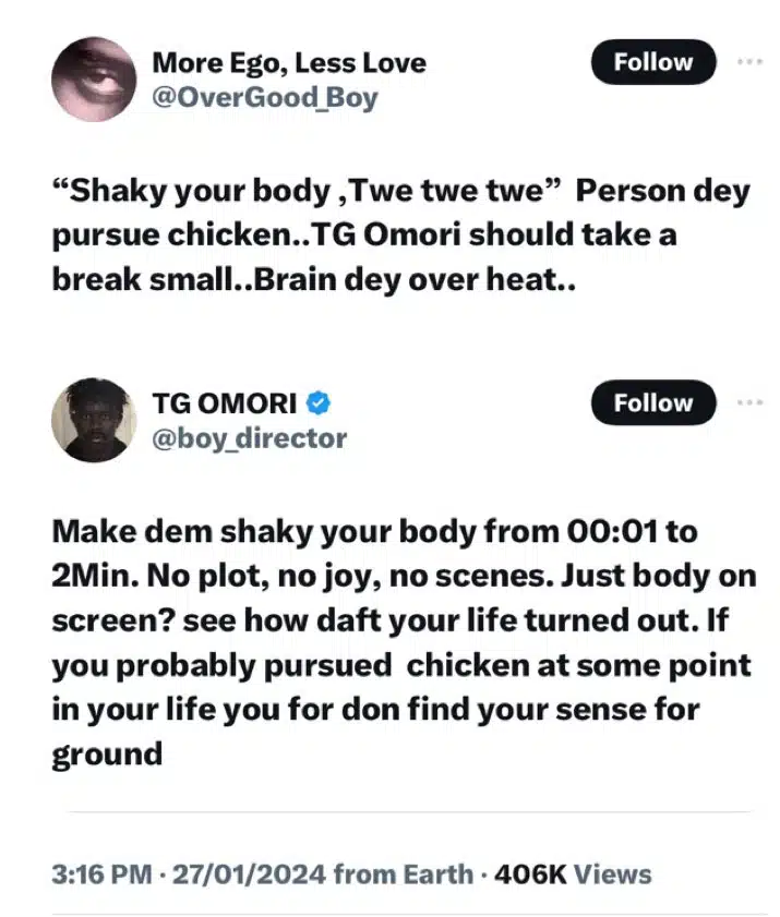 TG Omori slams troll for criticizing Kizz Daniel and Davido's Twe Twe music video 