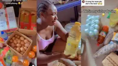 "She’s the best" - Beautiful lady weeps as mother surprises her with yam, eggs, pepper, oil, drinks, etc., at school