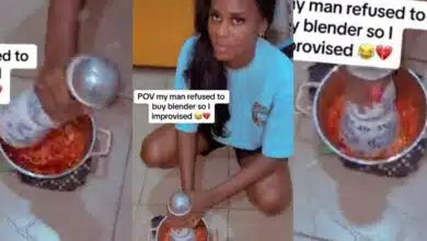 "I improvised" - Nigerian lady surprises boyfriend who refused to buy a blender, uses his Azul bottle to grind pepper