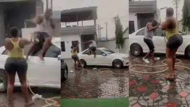 Little girl parents playing rain