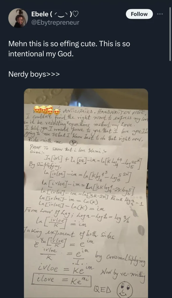 “Nerdy men are the best” — Man creates mathematical formula to express his love for girlfriend 