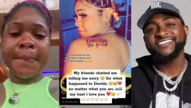 "Davido, you're my best, I love you" - Beautiful lady declares love for Davido as she tattoos his name on her back