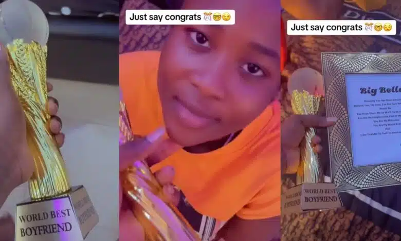 Beautiful Nigerian lady honors boyfriend with 'World's Best Boyfriend' award and heartfelt gifts on Valentine's Day