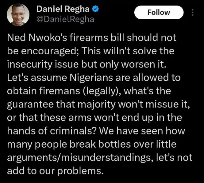 Daniel Regha kicking against Ned Nwoko firearms proposal 