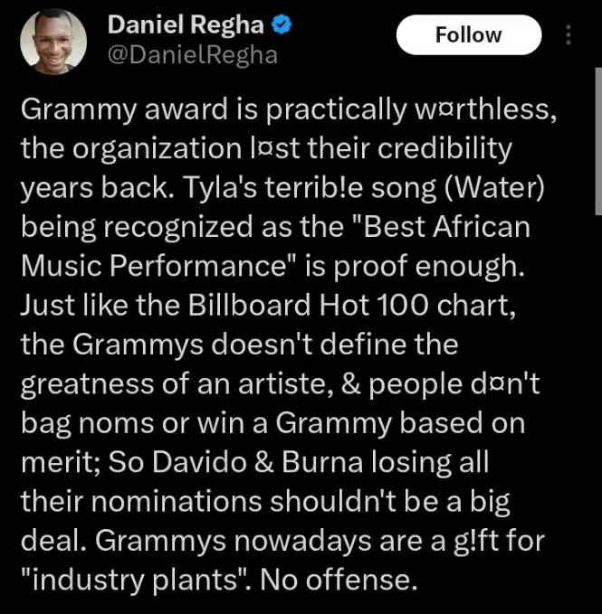 Daniel Regha slams Grammy Awards 