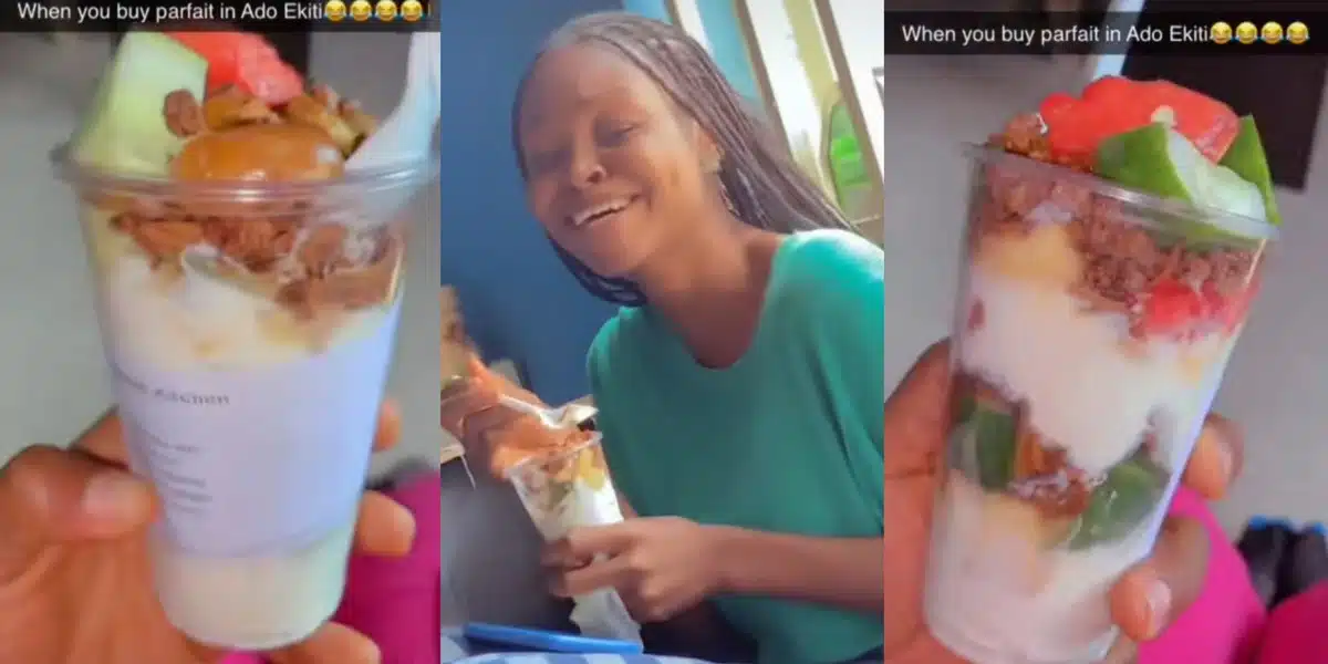 "Jesus, e shock me" - Nigerian lady finds ponmo, agbalumo, cucumber in the parfait she bought in Ado, Ekiti state