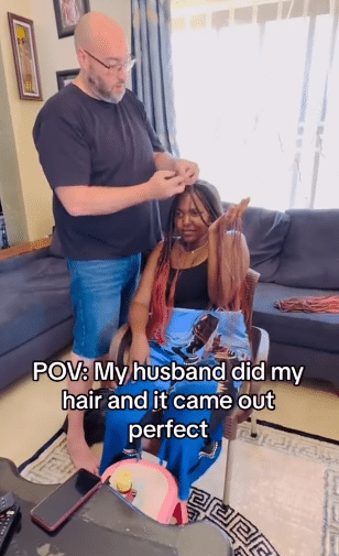 man Caucasian husband braiding lady