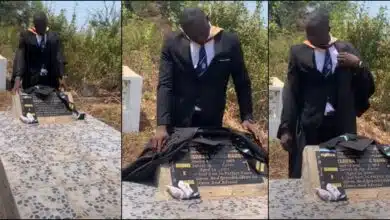 man graduation mother's grave