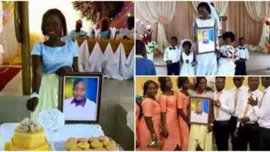 Lady causes stir as she marries photo of lover who claimed to be too busy for wedding