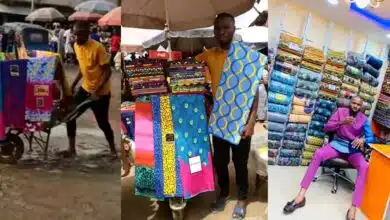 Nigerian man goes from hawking fabrics on wheelbarrow to owning a big shop