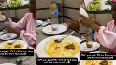 Nigerian lady saves leftover stew in water bottle, takes it home after finishing rice from ₦10k meal