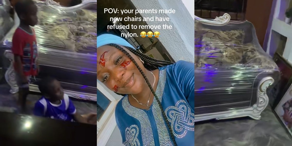 Nigerian parents refuse to remove nylon from new chairs, kids sit on floor