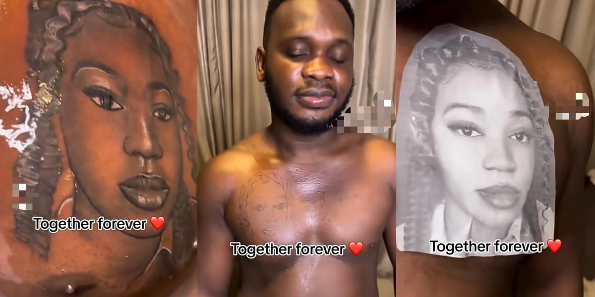 Nigerian wife hails partner as 'sweet husband' for tattooing her face on his chest