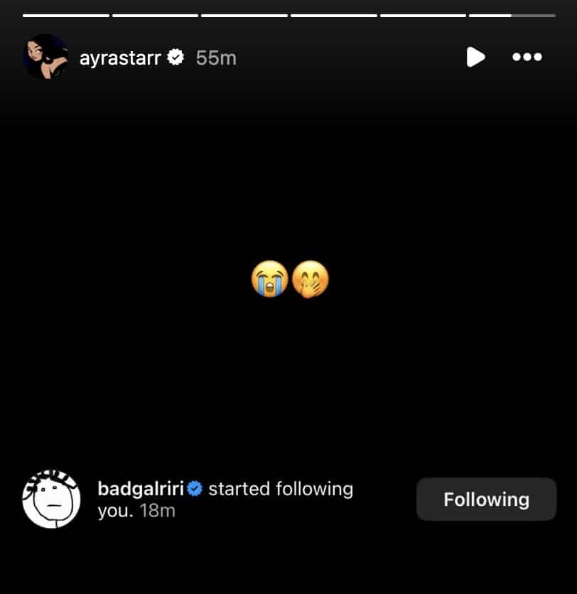 Rihanna follows ayra starr on Instagram