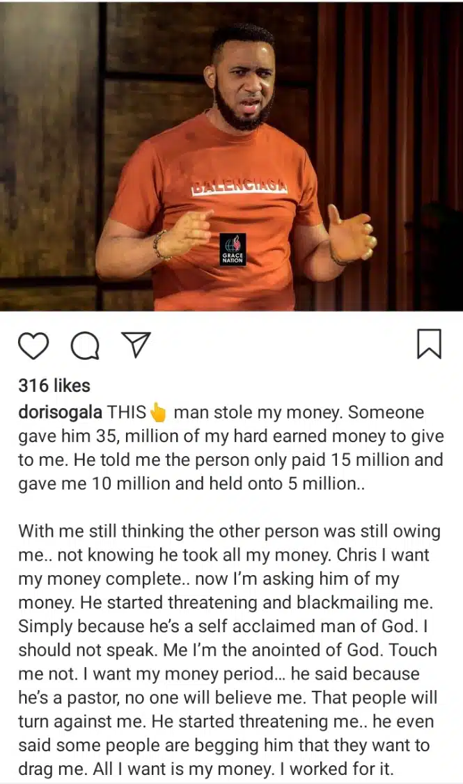 Doris Ogala calls out pastor Chris Okafor over alleged N25 million unpaid debt